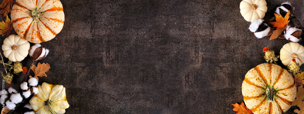 Poster fall double border of white pumpkins, gourds and natural decor. top view on a rustic dark stone bann