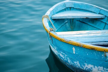 Obraz premium Small blue wooden rowboat floating on calm water