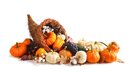 Thanksgiving cornucopia filled with autumn vegetables, pumpkins and fall decor isolated on a white...