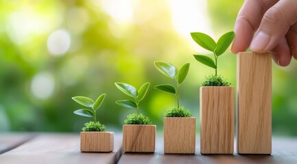 little wooden blocks in the shape of a graph with little green seedlings on top - concept of ecological growth