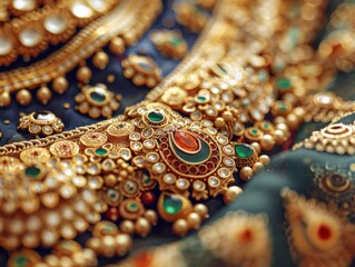 Fototapeta premium banner background of Navratri Day, [A close-up of traditional jewelry being worn, with intricate details highlighted, representing the cultural richness and beauty of Navratri attire] 
