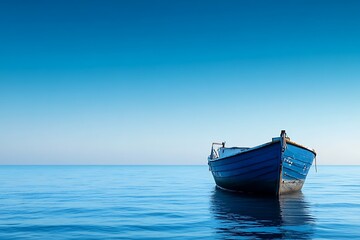 Small blue boat alone on vast ocean surface, calm water, clear blue sky, minimalist, seascape