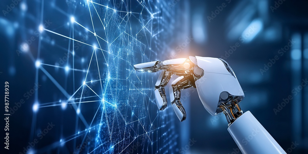 Poster robot hand pressing on virtual digital screen big data connection technology ai machine learning ide