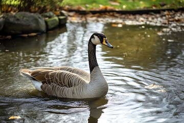 Obraz premium Canadian Goose Swimming in Pond with Fall Leaves