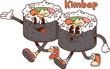 Cartoon groovy Korean kimbap characters. Two vector cheerful gimbap dish, sushi roll personages in retro style, one with its tongue out and the other with a surprised look, playfully walking together