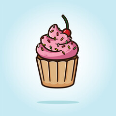 Cupcake with pink frosting, topping colorful sprinkles and red cherry. Food vector cartoon illustration