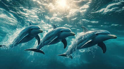 Naklejka premium Three Dolphins Swimming Gracefully Underwater with Sunlight Rays Penetrating the Ocean Surface