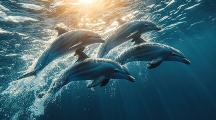 Fototapeta premium Four Dolphins Swimming Gracefully Underwater with Sunlight, Ocean Scene Captured from a Side View