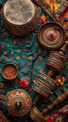 Obraz premium banner background of Navratri Day, a detailed view of traditional musical instruments like dhol and nagada beautifully arranged against a vibrant backdrop of ethnic textile