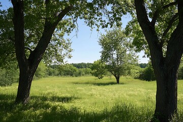 Obraz premium Green meadow with trees and blue sky on a sunny day, scenic nature background