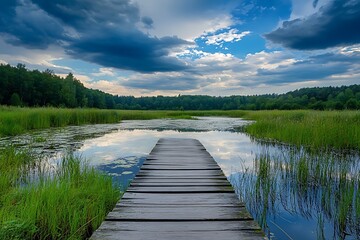 Wooden Footbridge Over Tranquil Lake With Blue Sky And Lush Green Grass