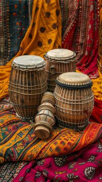 banner background of Navratri Day, a detailed view of traditional musical instruments like dhol and nagada beautifully arranged against a vibrant backdrop of ethnic textile