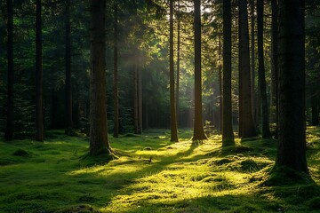 Sunbeams through Trees in Lush Forest