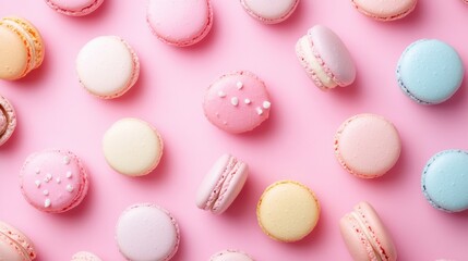 Obraz premium Colorful macarons arranged on a pink background, showcasing various pastel shades and delicate designs.