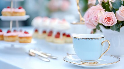 Elegant Tea Set with Pink Roses and Delicious Dessert