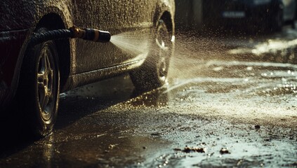 Car being washed with water spray.