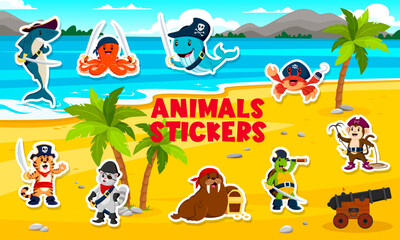 Cartoon sea pirate animal characters stickers pack. Playful adventurous shark, octopus, whale or crab, monkey, walrus, cat, turtle and tiger on tropical beach, all adorned with pirate hats and gear
