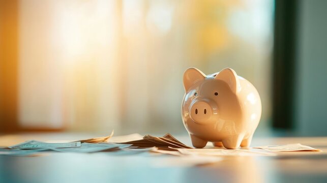 A charming piggy bank resting on scattered papers, symbolizing savings and financial planning in a warm and inviting light.