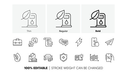 Buy car, Paper plane and Mail letter line icons. Pack of Petrol station, Power, Quick tips icon. Phone touch, Diagram chart, Inspect pictogram. Organic product, Portfolio, Medical shield. Vector