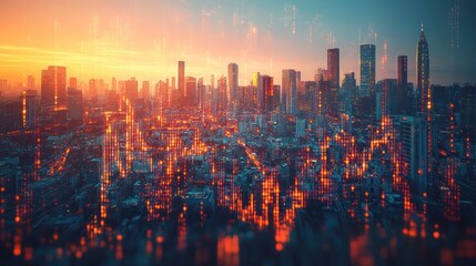 Real estate market crash and economy crisis concept. Real estate investment concept with financial chart candlestick on modern skyscraper background.