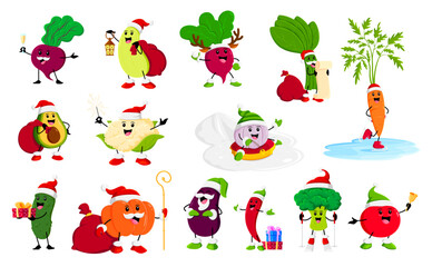 Cartoon winter Christmas vegetable characters. Vector beetroot, squash, radish and spinach. Carrot, avocado, cauliflower or garlic with cucumber, pumpkin, eggplant, broccoli, tomato and chili pepper