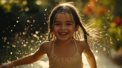 Obraz premium A little girl runs through a sprinkler in the garden