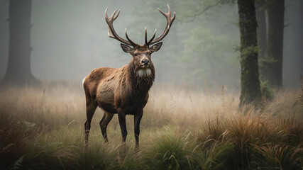 Majestic stag in foggy forest with large antlers standing amidst tall grass on a misty morning.
