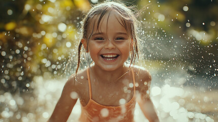 Obraz premium A little girl runs through a sprinkler in the garden