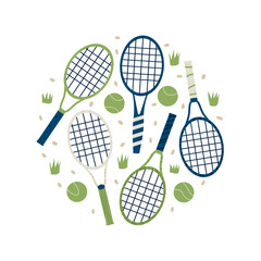 Tennis rackets and balls emblem isolated on white background. Vector flat illustration