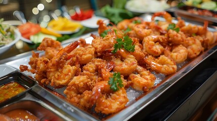 Fried Shrimp with Parsley and Ice on a Silver Platter