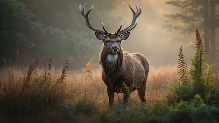 Majestic stag in foggy forest with large antlers standing amidst tall grass on a misty morning.