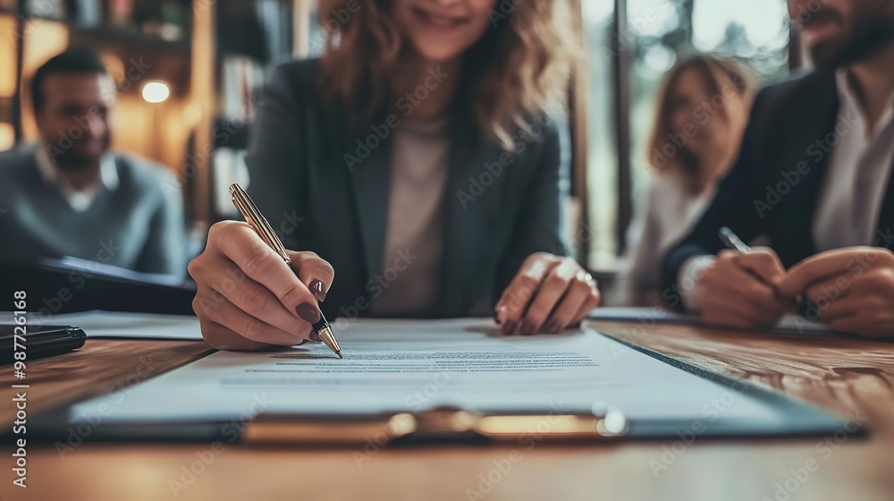 Poster The Power of Signature: A close-up shot of a confident businesswoman signing a document in a meeting, symbolizing a pivotal moment of agreement and commitment. This image evokes professionalism, trust