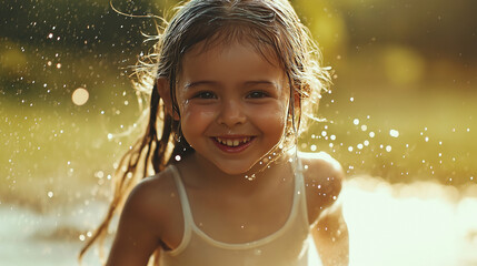 Obraz premium A little girl runs through a sprinkler in the garden