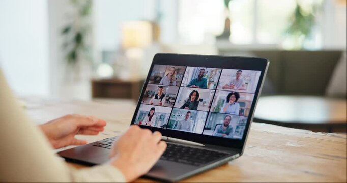 Video call, business people or hands greeting on screen in virtual meeting for discussion on laptop in home. Remote work, online or person in webinar for teamwork, talking and speaking of project