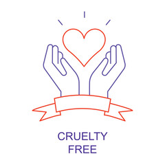 Vector icon for Cruelty-Free. Icon of hands holding a heart with an ethical badge, representing cruelty-free beauty and skincare products.