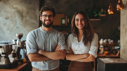 Brewing Up Success: A young, confident couple, arms crossed and smiles beaming, stand proudly in their trendy coffee shop, radiating the spirit of entrepreneurship. 