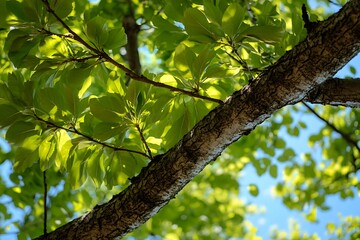 Low angle view of green leaves and tree branch against a blue sky