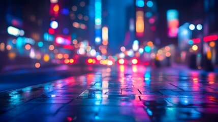 Wet Pavement Reflecting City Lights at Night. Blurry background urban city. Neon. Copy space concept.