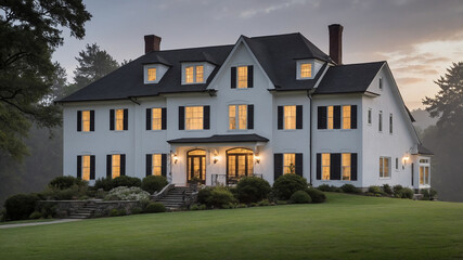 Fototapeta premium Large white house with a spacious front porch and expansive green lawn surrounded by misty trees.