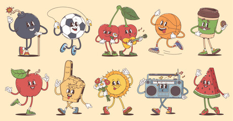 Cartoon retro groovy characters with funny faces. Vector stickers of hippie coffee cup, happy sun, apple and cherry fruit personages. Funky watermelon, bomb and balls, foam hand and cassette player