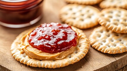 A close up of peanut butter and apple jelly spread on crackers, isolated on a warm beige background for a rustic snack feel