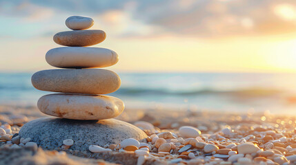 Fototapeta premium Zen stones on the beach. Stack of stones on the beach. Balancing stones on the beach 