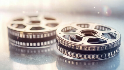 This artistic photograph displays two vintage film reels resting on a reflective surface, capturing the essence of traditional cinema with light reflecting off the shining film strips.