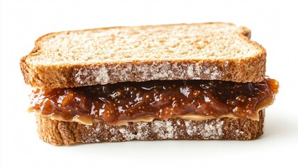 A peanut butter and fig jam sandwich on whole grain bread, isolated on a matte white background for a healthy, clean aesthetic