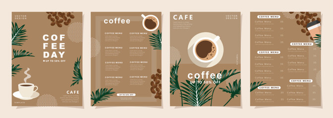 Set of banners design with coffee beans and leaves on minimal background for invitations, cards, banner, poster, cover, cafe menu or another template. Vector illustration.