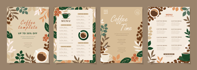 Set of banners design with coffee beans and leaves on minimal background for invitations, cards, banner, poster, cover, cafe menu or another template. Vector illustration.