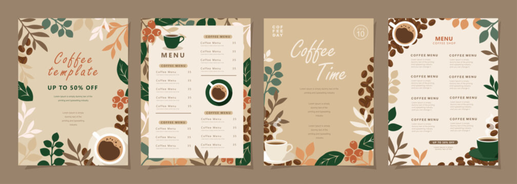 Set of banners design with coffee beans and leaves on minimal background for invitations, cards, banner, poster, cover, cafe menu or another template. Vector illustration.