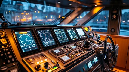 Modern Yacht Cockpit with Digital Navigation Systems and Steering Wheel