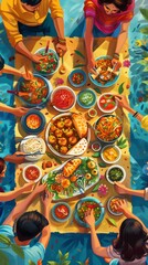Fototapeta premium banner background of Navratri Day a vibrant illustration of a joyful family gathering for a festive meal, with colorful dishes and laughter shared around the table, symbolizing unity and celebration