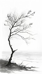 Black and white ink drawing of a lone tree with bare branches by a lake.